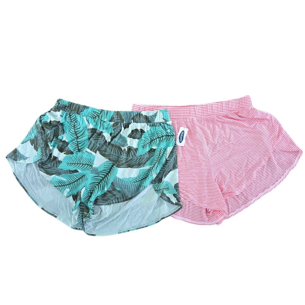 NWT Set Of 2 Tropical Leaf and Coral Striped Women's Pajama Shorts